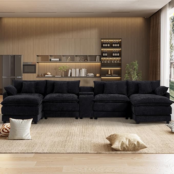 164 Oversized Modular Sectional Sofa Modern U Shaped Cloud Couch 6 Seat Sofa Set for Living Room Comfy Chenille Deep Seat with Storage Central Console Movable Ottomans Cup Holders USB Ports Black