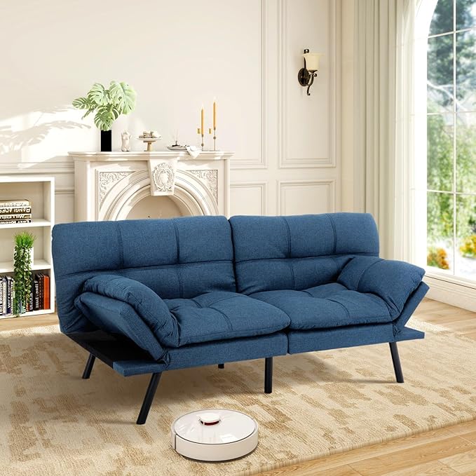 MUUEGM Futon Sofa Bed Memory Foam Navy Blue Futons Modern Office Couch Sleeper Bed Convertible Love seat Sofa for Small SpacesApartmentOffice with Adjustable Armrest Backrest