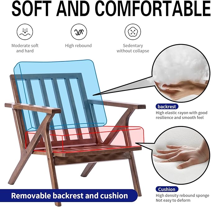 UNICOO - Mid Century Chair Retro Upholstered Accent Armchair with Wood Frame and Removable Cushions Large Leisure Slipper Chair for Living Room/Bedroom (U2279-Beige)