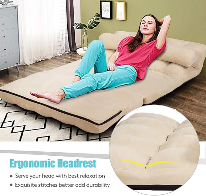 S AFSTAR Safstar Floor Folding Couch and Futon Sofa 6-Position Fabric Sleeper Sofa Bed with 2 Pillows and Sponge Filling Adjustable Lazy Sofa for Living Room and Bedroom(Beige)