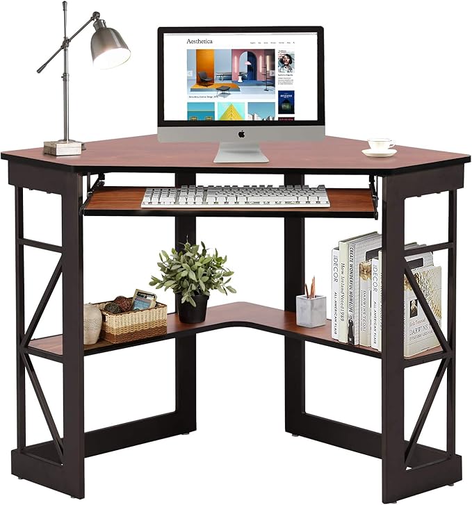 VECELO Corner Computer Desk 41 x 30 inches with Smooth Keyboard &amp Storage Shelves for Home Office Workstation Teakwood Brown