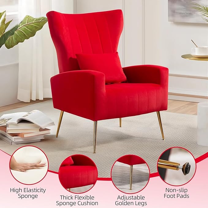 Velvet Accent Arm Chair Mid-Century Modern Living Room Chair Wingback Bedroom Side Chair with Gold Legs &amp Pillow Button-Tufted Red