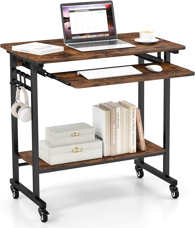 NAFORT Mobile Computer Desk with Lockable Wheels Home Office Writing Table with CPU Stand Compact Laptop Cart with Pull-Out Keyboard Tray Laptop PC Workstation for Small Spaces Rustic Brown