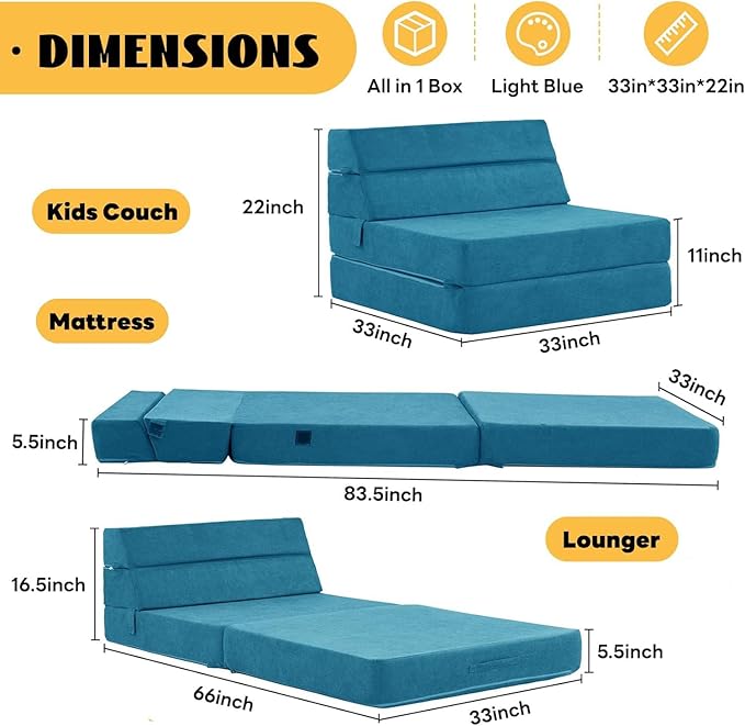 jela Foldable Sofa Bed Convertible Sleeper Lounge Chair Floor Mattress Floor Couch with Backrest Fold Out Futon with Washable Miss Fabric Cover for Guest Room Living Room (83x33Teal)