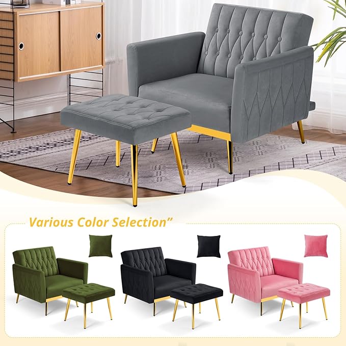 Velvet Accent Chair with Adjustable Armrests and Backrest Button Tufted Lounge Chair Single Recliner Armchair with Ottoman and Pillow for Living Room Bedroom Grey