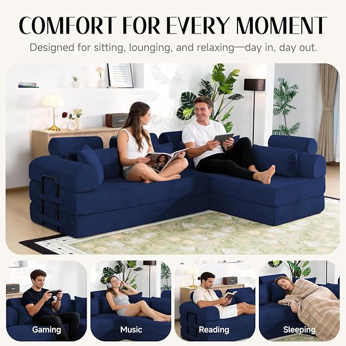 106 L-Shaped Modular Boneless Couch 2-Piece System (2×70.87) Convertible Sectional to 141.7 Straight Sofa Corduroy Couch in a Box Headrest &amp Back Pillows for Living Room Navy Blue