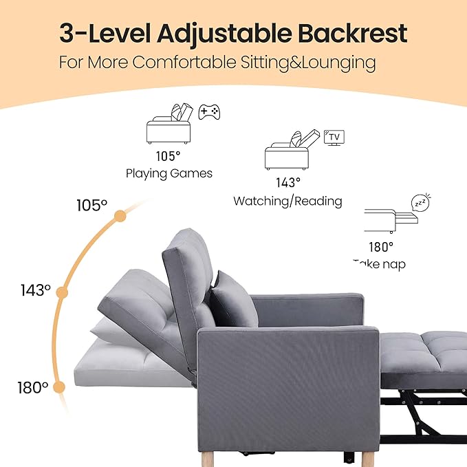 70'' Convertible Chair Bed Extra Long Teddy Fabric Single Pull Out Sofa 4 in 1 Adult Sleeping Recliner With Pillow Adjustable Backrest Gray