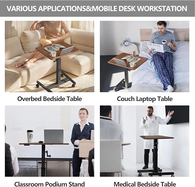 Mobile Standing DeskHeight Adjustable Overbed Bedside Table with Wheels&ampCup HolderHand Crank Sit Stand Desk and Laptop CartComputer Workstation for Home Office Classroom Hospital (Manual Walnut