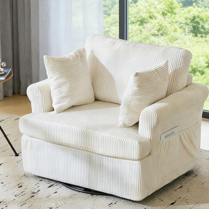 Karl home 39 Swivel Accent ChairOversized Seat Armchair W/2 Pillows and 4 PocketsModern Upholstered Corduroy Barrel ChairsComfy Single Sofa for Living RoomReadingBedroom and Office-Beige