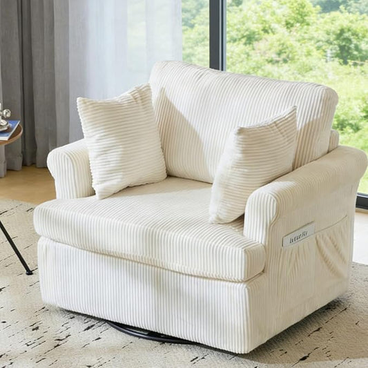 Karl home 39 Swivel Accent ChairOversized Seat Armchair W/2 Pillows and 4 PocketsModern Upholstered Corduroy Barrel ChairsComfy Single Sofa for Living RoomReadingBedroom and Office-Beige