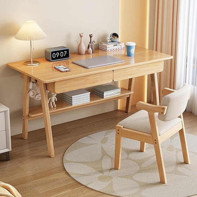 Solid Wood Writing Desk Mid-Century Modern Desk with 2 Drawers and Storage Shelf Home Office Computer Desk Easy Assembly(39inches Natural)