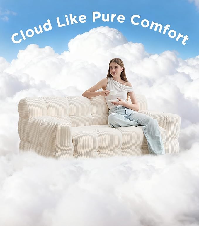 Tbfit Boneless Loveseat SofaComfy Tufted Cloud Couch Modern Living Room Floor Sofa Chair Corduroy White
