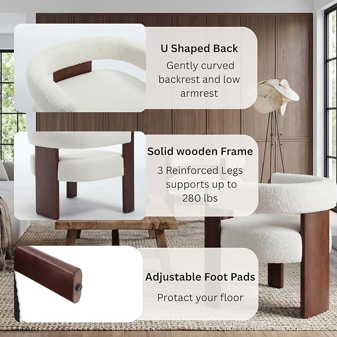 Modern Barrel Accent Chairs Set of 2 Cozy Upholstered Beige Boucle Living room Chair for Bedroom Solid Walnut Wooden Armchair Vintage Lounge Reading Chair for Apartment Waiting Room Office