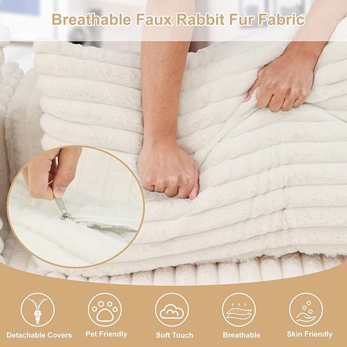 Redlife 95 L-Shaped Modular Sectional Sofa Faux Rabbit Fur Modular Floor Couch with Chaise High-Density 30D Foam Sponge No Assembly Required 5 Pillows Compressed for Living Room (Beige)