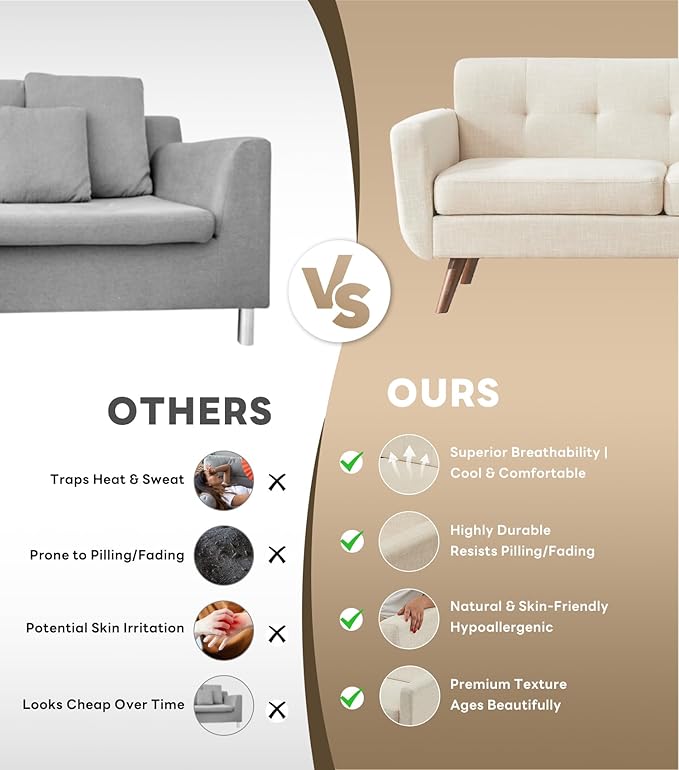 Tbfit 77.2 W Linen Sofa Couch Mid Century Modern Decor Loveseat Couches for Living Room Button Tufted Upholstered Small Couch for Bedroom Solid and Easy to Install Love Seats Furniture Beige | l