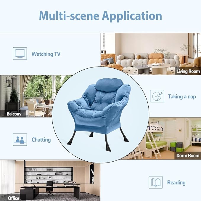 Lazy Chair Thick Padded Comfy Velvet Accent Lounge Chair with Stable Frame Leisure Sofa Armchair with Armrests and Side Pocket Reading Chair for Bedroom Living Room Office Light Blue
