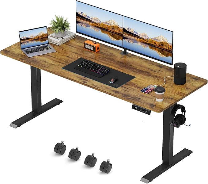 JUMMICO Electric Standing Desk59 x 24 Inches Height Adjustable Home Office Desk with Removable Caster and Cable Management Box (Brown)