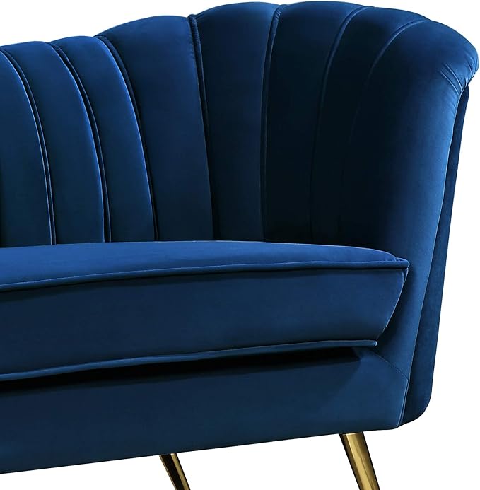 Meridian Furniture Margo Collection Modern | Contemporary Velvet Upholstered Sofa with Deep Channel Tufting and Rich Gold Stainless Steel Legs Navy 88 W x 30 D x 33 H