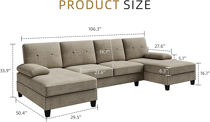 JAMFLY 107 U-Shaped Modern Sofa Modular Sectional Cloud Couch with Chaise 4-Seat Deep Seat Sofa for Living Room Bedroom and Apartment Khaki