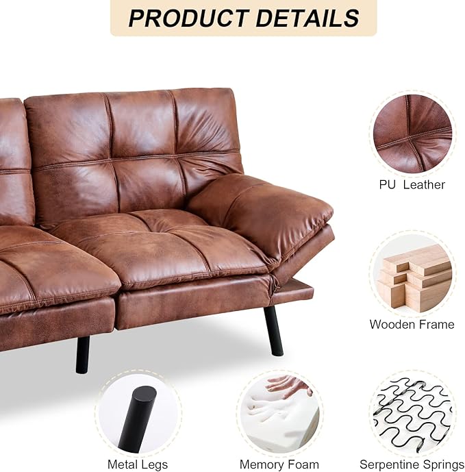 Opoiar Futon Couch Convertible Sofa Bed Memory Foam Faux Leather Brown 3 Seats
