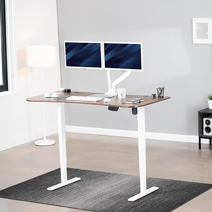 VIVO Electric 63 x 32 in Rustic Standing Desk Memory Height Adjustment 176 lb Frame Support 2E Series Vintage Brown Top White Frame DESK-KIT-2EWN