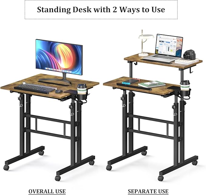 Small Standing Desk with Wheels Mobile Stand Up Desk Portable Standing Table on Wheels for Walking Pad Rolling Computer Desk Adjustable Height Tall Table