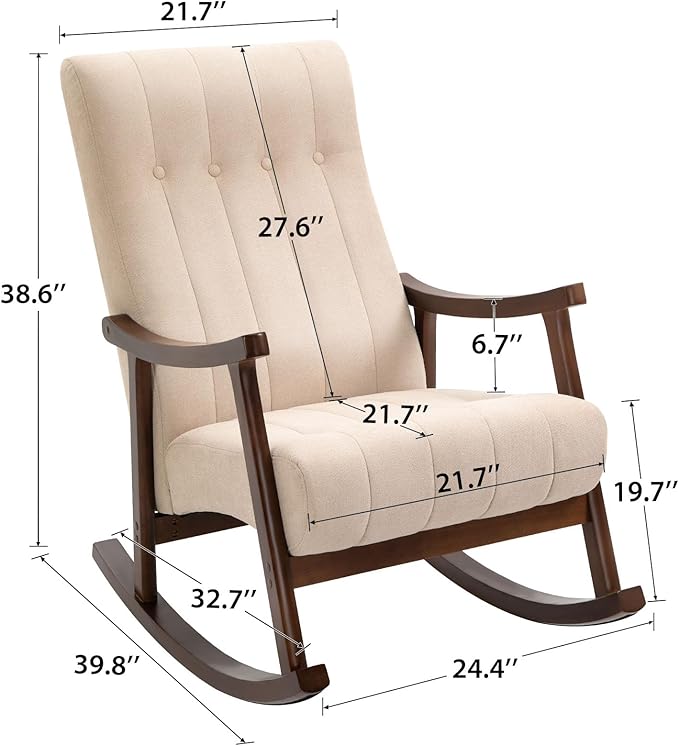 AVAWING Upholstered Rocking Chair with Fabric Padded Seat Comfortable Rocker Solid Wood for Living Room Modern High Back Armchair for Adult Beige
