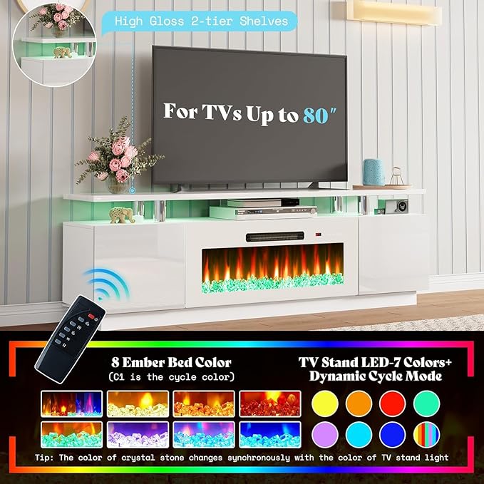 AMERLIFE Fireplace TV Stand with 36 Fireplace 70 Modern Fireplace Entertainment Center LED Lights 2 Tier TV Console Cabinet for TVs Up to 80 White &amp White