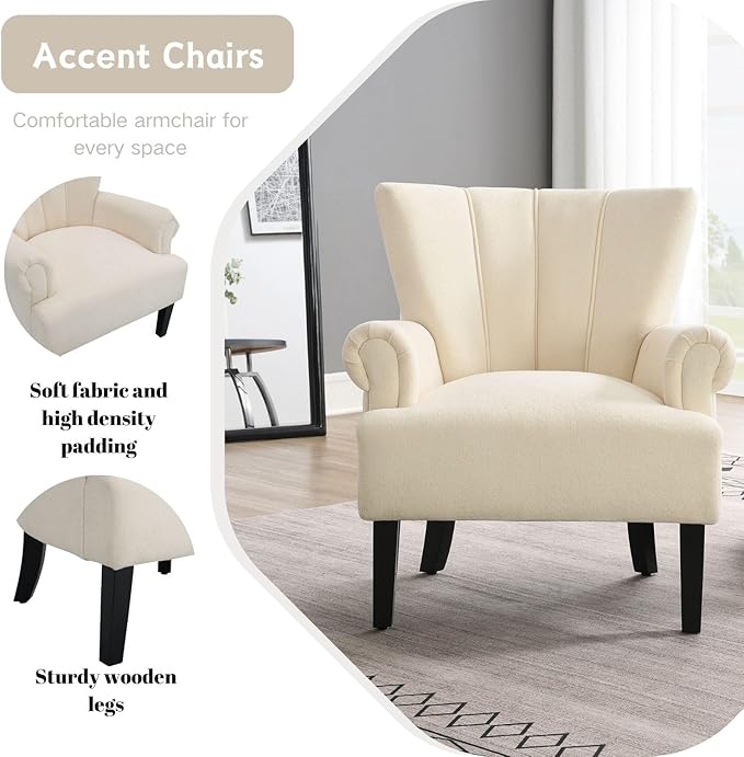 Modern Accent Living Room ChairsPolyester Armchair Club Chair with Channel Back Accent Chair for Living Room Bedroom Reading Room Soft Fabric Wooden Leg (Beige)