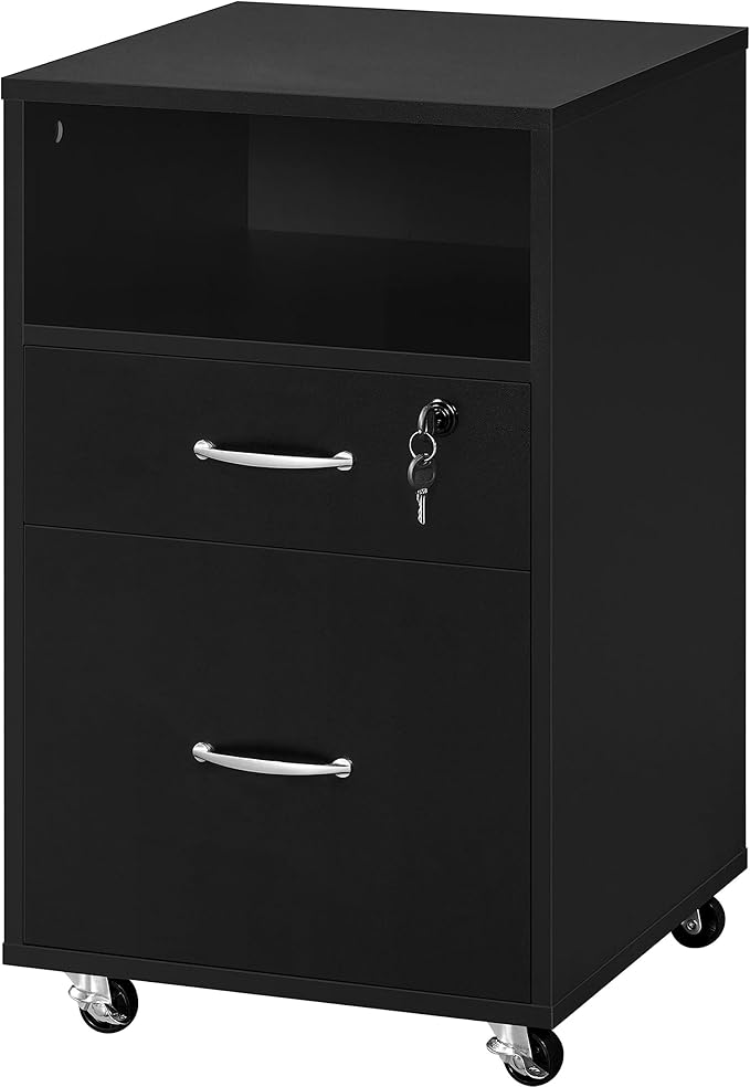 Topeakmart File Cabinet Movable Vertical Filing Cabinet with 2-Drawer and 1-Open Shelf Mobile Letter File Storage Oragnizer Lateral File Srorage on Wheels for A4/ Legal/Letter Black