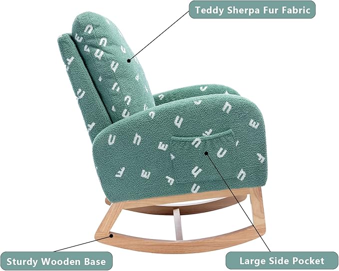 Setawix Teddy Rocking Chair for Nursery Midcentury Modern Accent Rocker Armchair with Side Pocket Upholstered High Back Wooden Rocking Chair for Living Room Baby Room Bedroom (Green Alphabet)