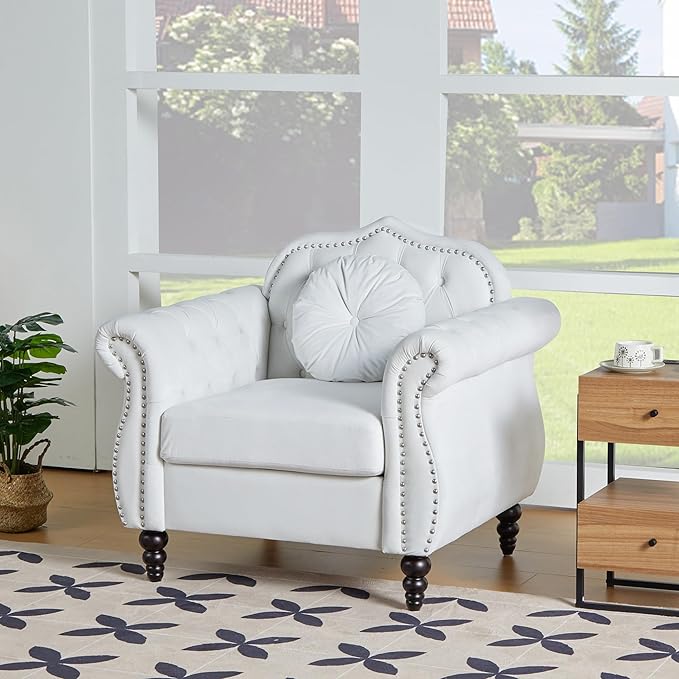 AVZEAR Modern Velvet Upholstered Accent Chair Mid-Century Modern Armchair Tufted Lounge Reading Chair White 1 Seater