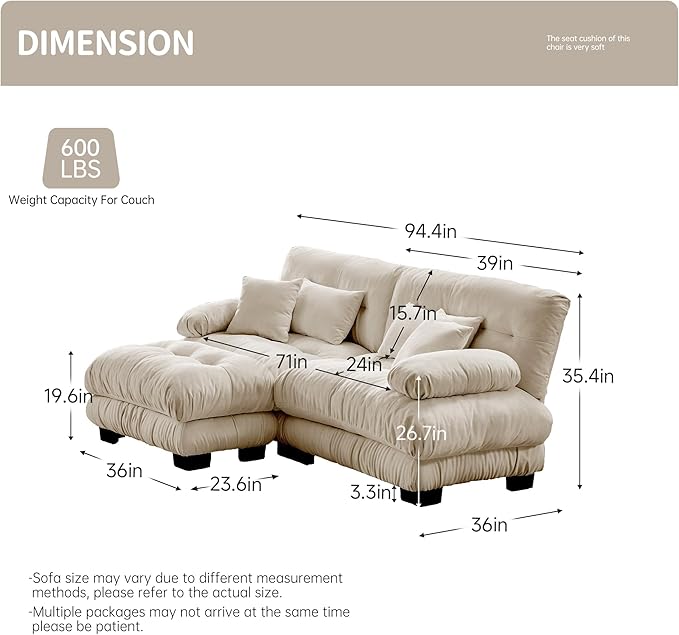 94.4 L-Shape Modular Cloud Sectional Sofa with Chenille Plush Fabric - 2 Seater Couch with Deep Seat and Movable Ottoman for Living Room Apartment and Office - Light Coffee