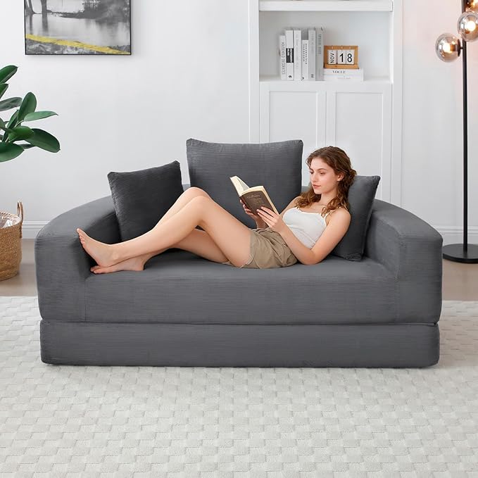 Folding Sofa Bed Corduroy Circular Boneless Couch No Assembly Convertible Sleeper Sofa with 3 Pillow Comfy Futon Sofa Bed for Apartment Office Bedroom Living Room Gray