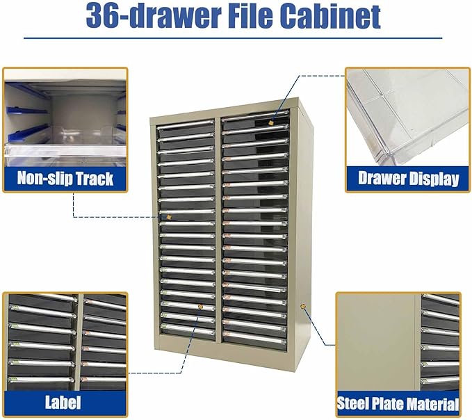 TECHTONGDA File Cabinet 36 Drawer Vertical Metal Lateral Filing Storage Cabinet Large Capacity Anti-Slip Drawer for A4 Paper Stamps Invoices
