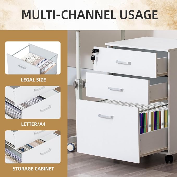 QDSSDECO 3 Drawer Mobile File Cabinet Rolling Vertical Filing Cabinet fits A4 Legal Paper and Letter Paper for Home Office White with Lock