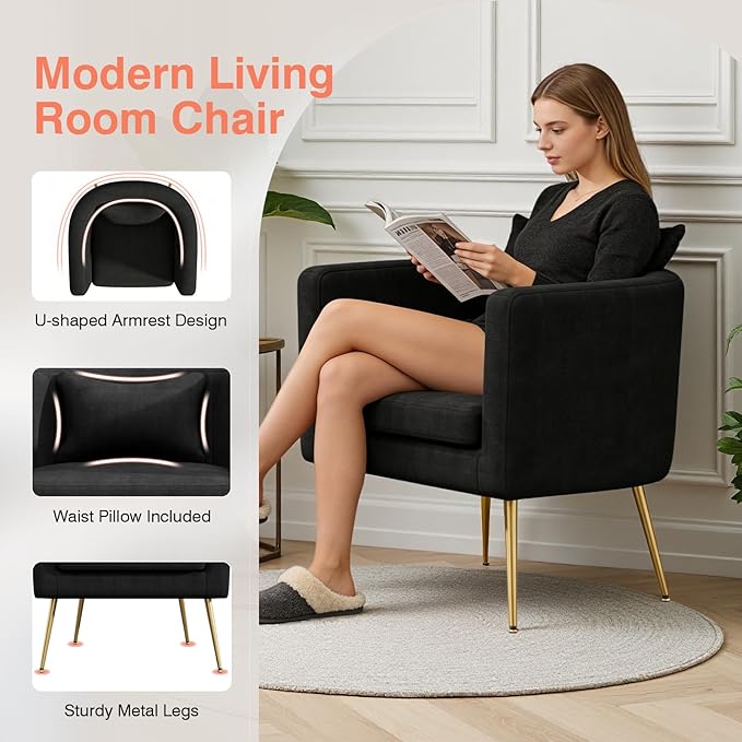 Velvet Accent Chair Modern Barrel Armchair with Lumbar Pillow &amp Gold Legs Upholstered Club Chairs for Living Room/Bedroom/Guest Reception Black