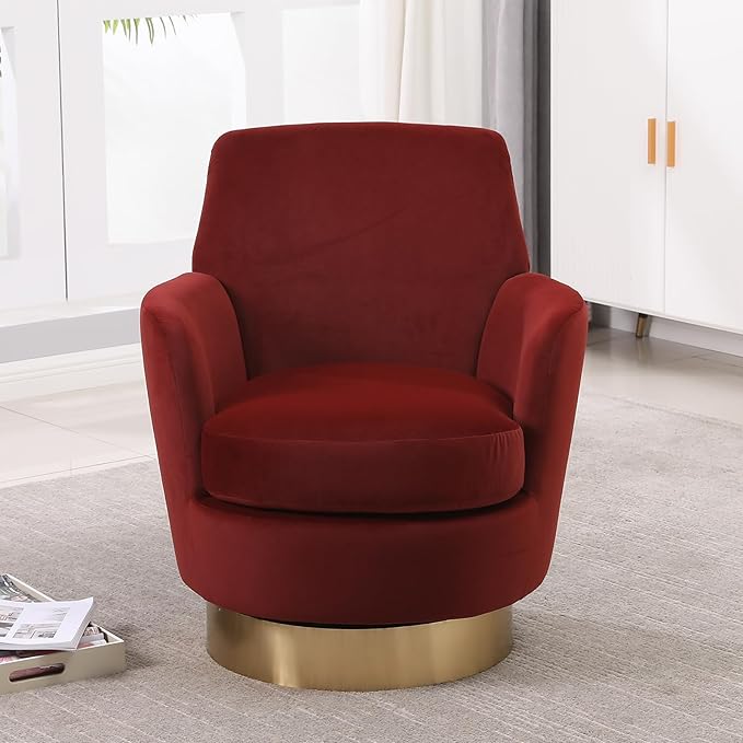 360° Swivel Barrel Accent Chair Comfy Round Accent Chairs with Gold Iron Base &amp Dual-Layer Cushion Modern Lounge Reading Armchair Upholstered Sofa Chair for Living Room Bedroom(Velvet Red)