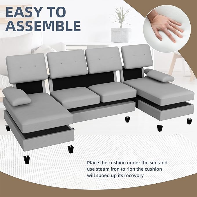 Nuturelly Nutually Sectional Couches for Living Room Convertible U-Shaped Sofa Couch with Double Chaise 4 Seat Sofa Set Modular Sofa Couch with Linen Fabric for Apartment Light Gray