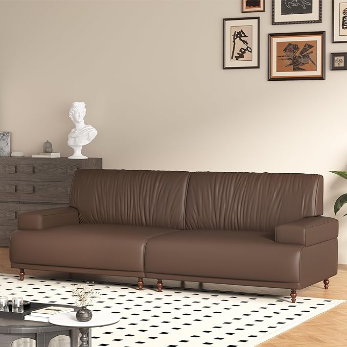 86.41 Mid-Century Modern Leather 3-Seater Couch Comfortable Sofa with Solid Wood Legs and Frame for Living Room Bedroom Apartment and OfficeBrown