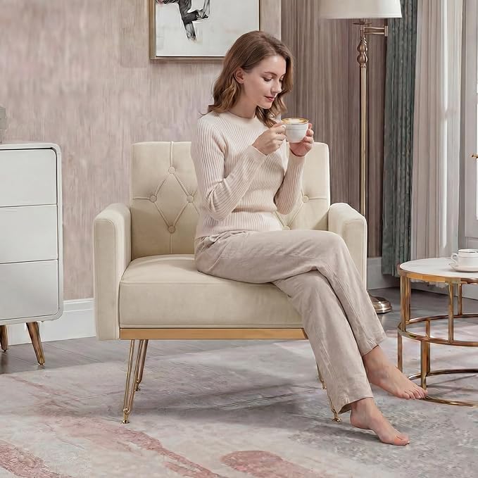 Olela Accent Chair with Arm for Living Room Velvet Modern Armchair Single Sofa Cozy Tufted Upholstered Reading Side Chairs with Gold Metal Leg for Bedroom Decorate