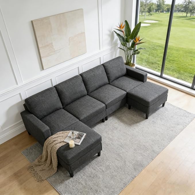 101 L-Shape Modular Sectional Couch Convertible Linen Couch with 2 Ottomans Modern 4 Seater Upholstered Modular Sectional Sofa for Apartment Living Room Charcoal Black