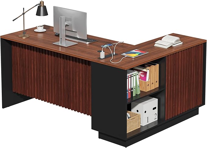 63 L-Shaped Executive Desk Home Office Standing Desk with Storage Drawers File Cabinet and Privacy Panel Modern Corner Desk with Charging Station &amp Led Lights(Walnut+Black)