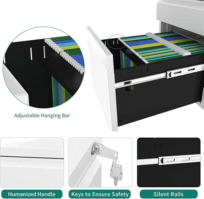 Mobile File Cabinets 3-Drawer Mobile File Cabinet with Lock Office Storage Filing for Legal/Letter Size Pre-Assembled Metal