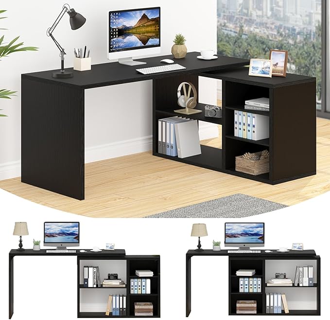 HSH Black L Shaped Computer Desk Corner Desk with Storage Cabinet Shelves Reversible Industrial Wood Executive Workstation L-Shaped Home Office Table for Work Study Writing Gaming 55 Inch