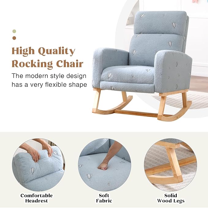 Rocking Chair Nursery with Foot Rest Nursing Rocking Chairs for Mom Breastfeeding Teddy Rocker Glider Chair with High Backrest for Living Room Bedroom Blue Printed