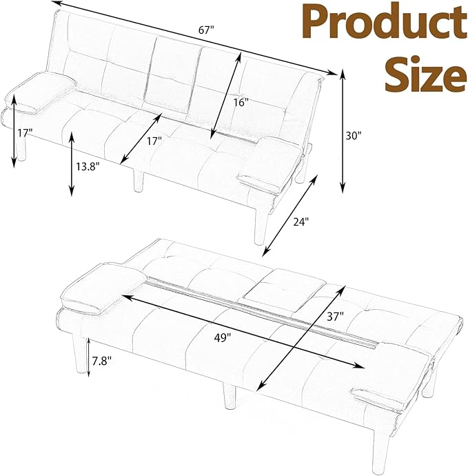 67” Futon Sofa Bed with Pillows Modern Convertible Futon Couch with 2 Cup Holders &amp Removable Armrests for Small Spaces Living Room Solid Wood Frame (Black-PU Leather)