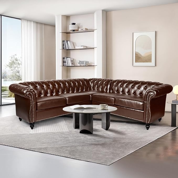 QHITTY Sectional L-Shaped Sofa Chesterfield Faux Leather Couch 5 Seater Upholstered Small Accent Tufted Sofa with Nailhead Design and Rolled Armrest for Living Room Apartment Office (Dark Brown)