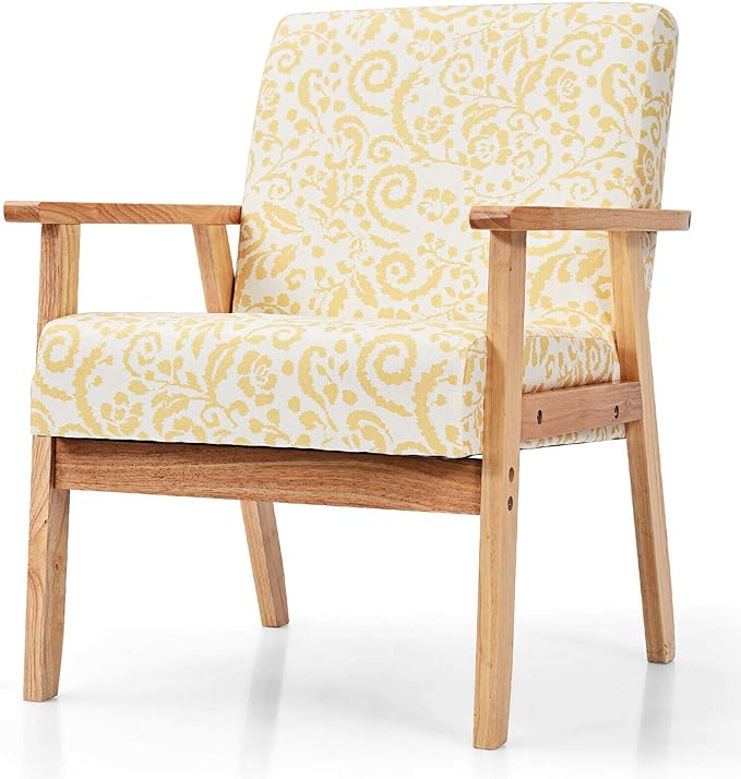 2PCS Yellow Floral Accent Chair Armchair Upholstered Lounge Chair With Soft Thick Cushion Ergonomic Armrest Non-Slip Foot Pads Rubberwood Construction Suitable For Living Room Study Balcony Office Use