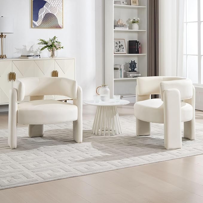 Set of 2 Accent Chairs with Arms Upholstered Barrel Armchair with Curved Back Comfy Single Side Chair for Reading Living Room Home Office Beige